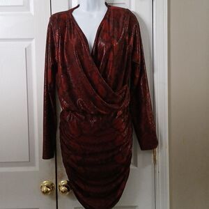 PrettyLittleThing red metallic snakeskin print bodycon faux wrap dress Sz 8 NWOT
